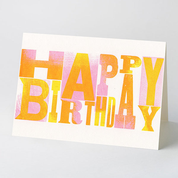‘Happy Birthday‘ wood type card – pink/yellow